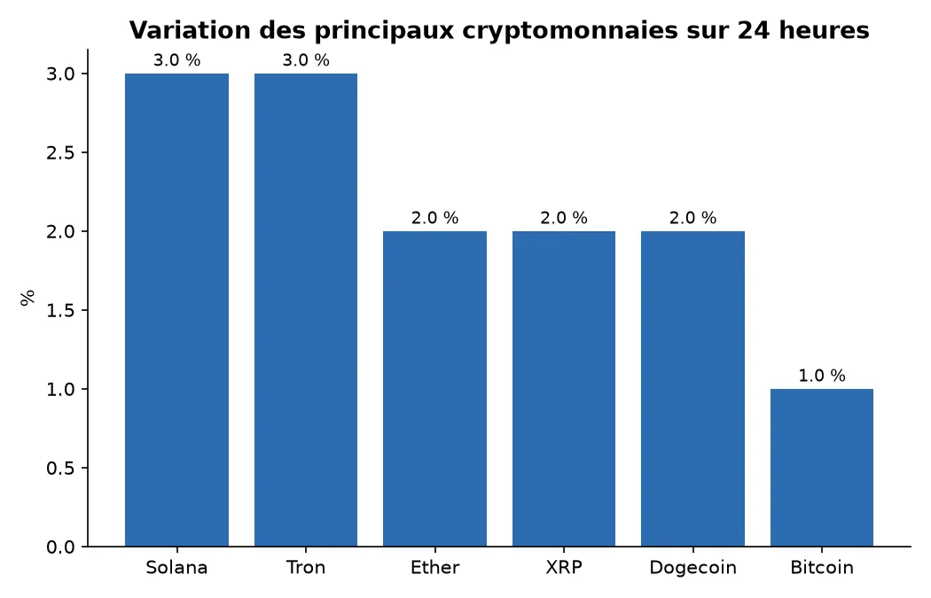 Variation des principaux cryptomonnaies sur 24 heures